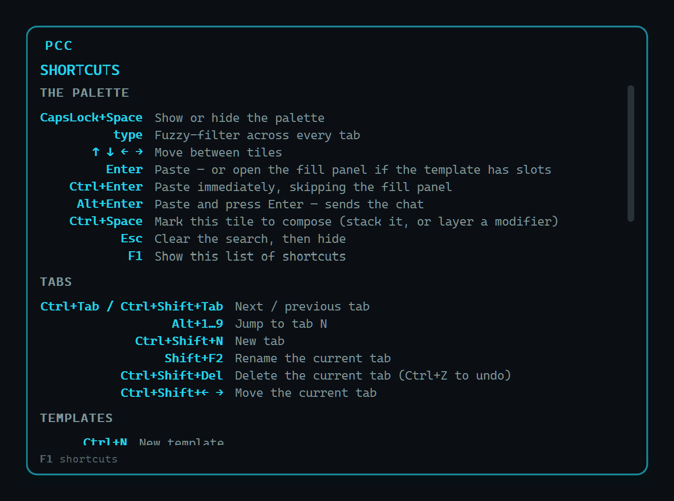 The shortcuts page opened with F1, listing every key grouped by context.