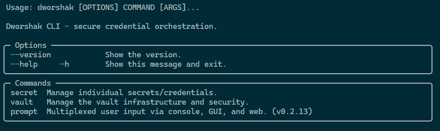 Screenshot of the Dworshak CLI --help