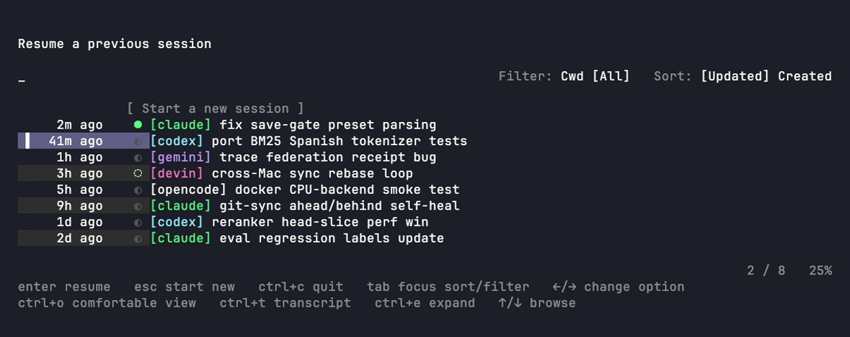memo resume: one arrow-key picker listing recent sessions across Claude, Codex, Devin, Gemini, and OpenCode — each tagged by agent, each resumable natively.