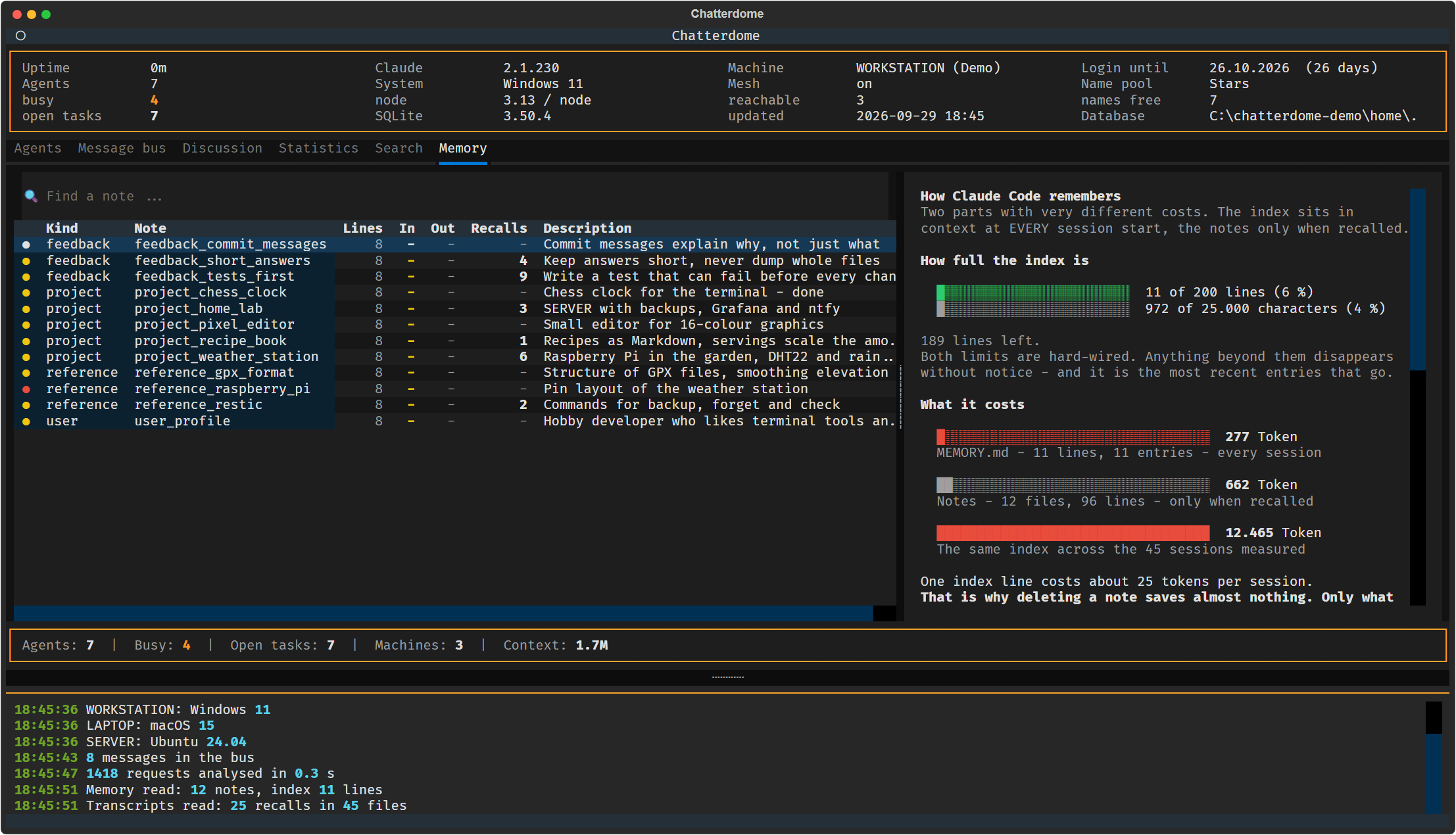 Memory analysis: notes with recalls, fill level of the index, what the index costs