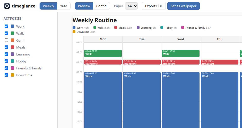 The weekly routine in the control panel