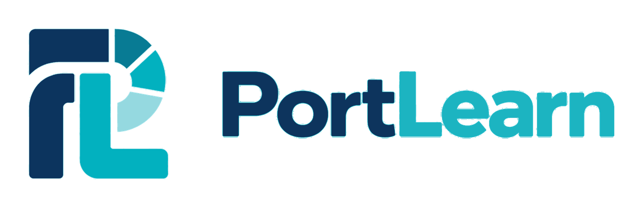 PortLearn logo: a rounded navy-and-teal PL monogram with a segmented circular motif, beside the PortLearn wordmark