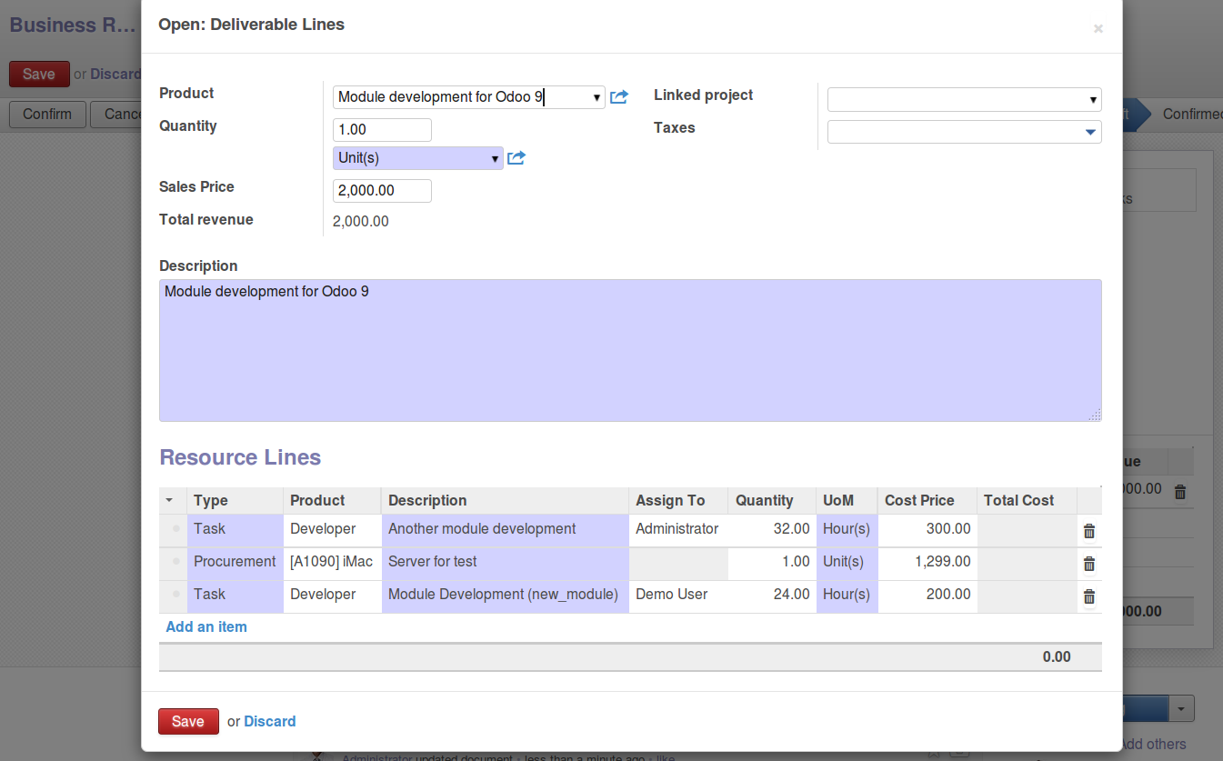 Inputing the deliverables and resources lines