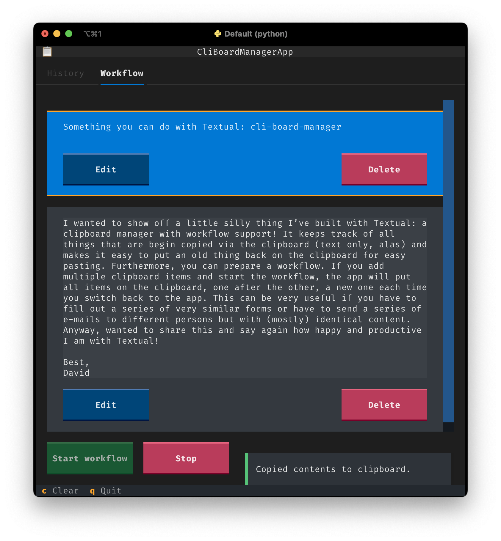 Screenshot showing the clipboard history