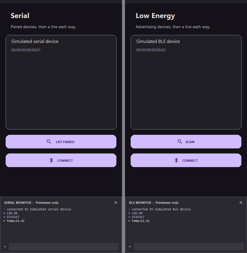 The Previewer's serial monitor, classic and low energy