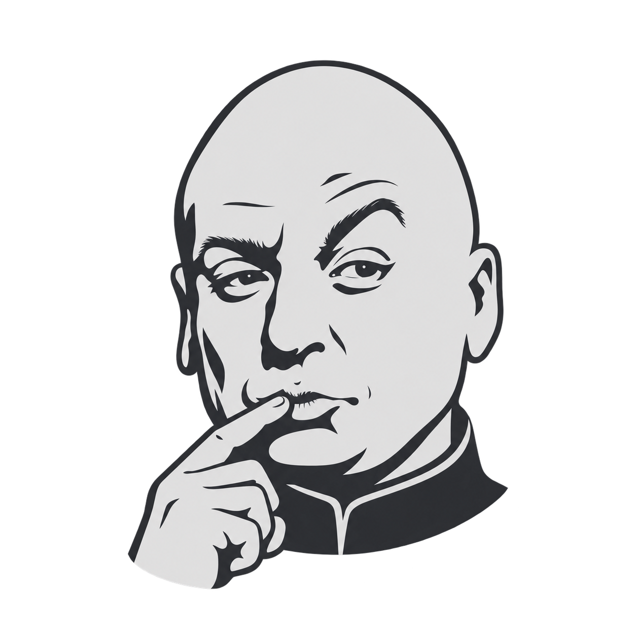 MAD's minimal Dr. Evil-inspired portrait, with a bald head, high collar and finger at the mouth