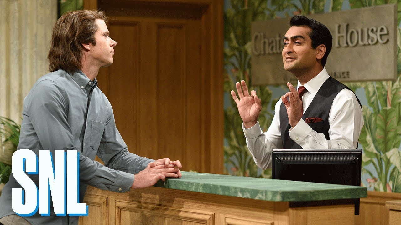 Mikey Day and Kumail Nanjiani in the SNL Hotel Check In sketch