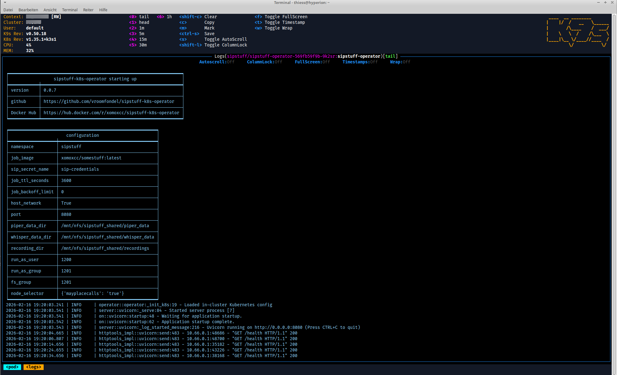 Operator startup with configuration overview