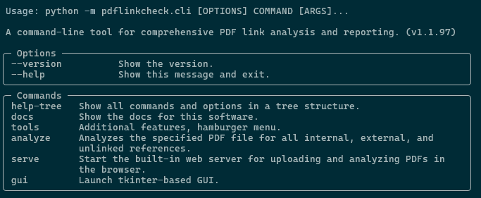 Screenshot of the pdflinkcheck CLI Tree Help