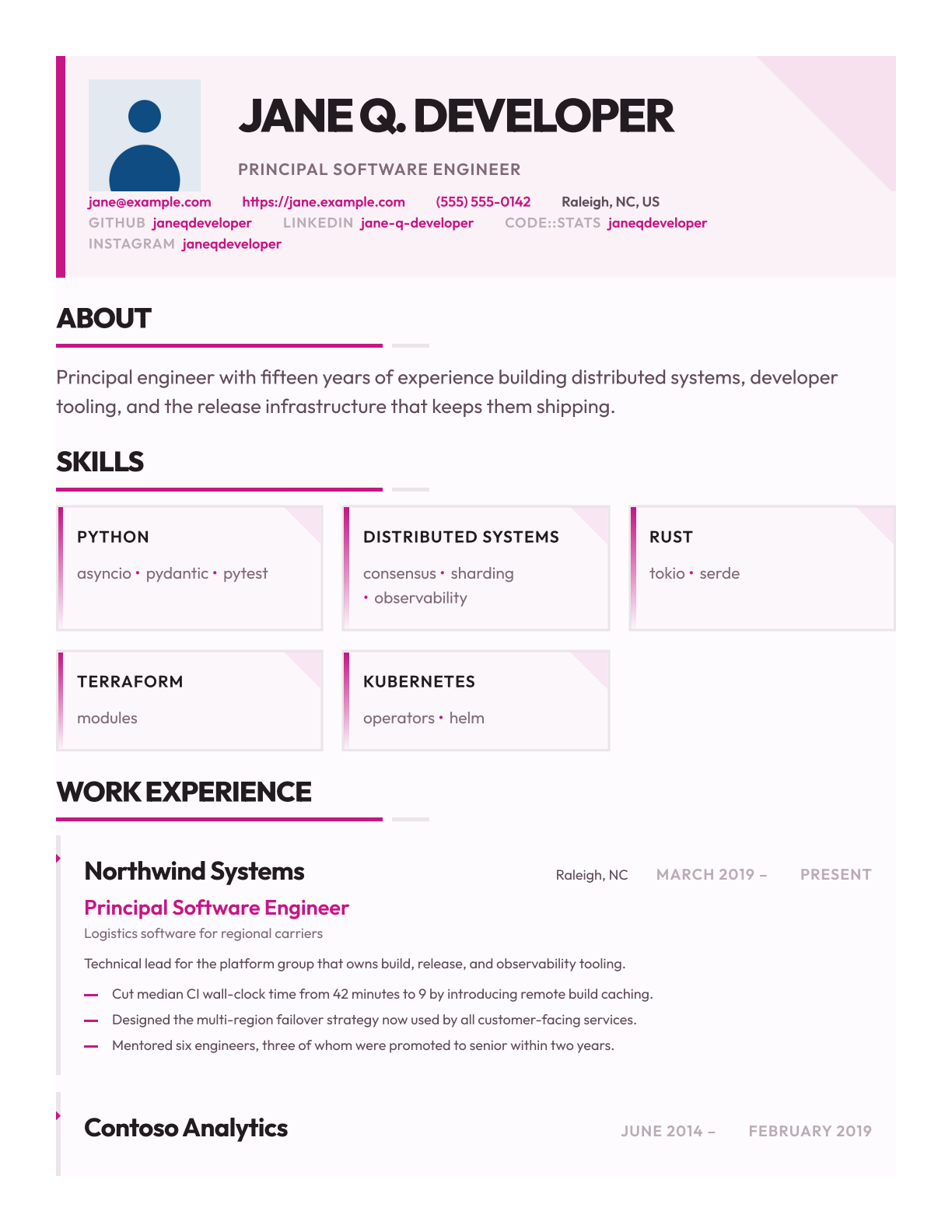 Sample resume generated from resume.json and modernist.less