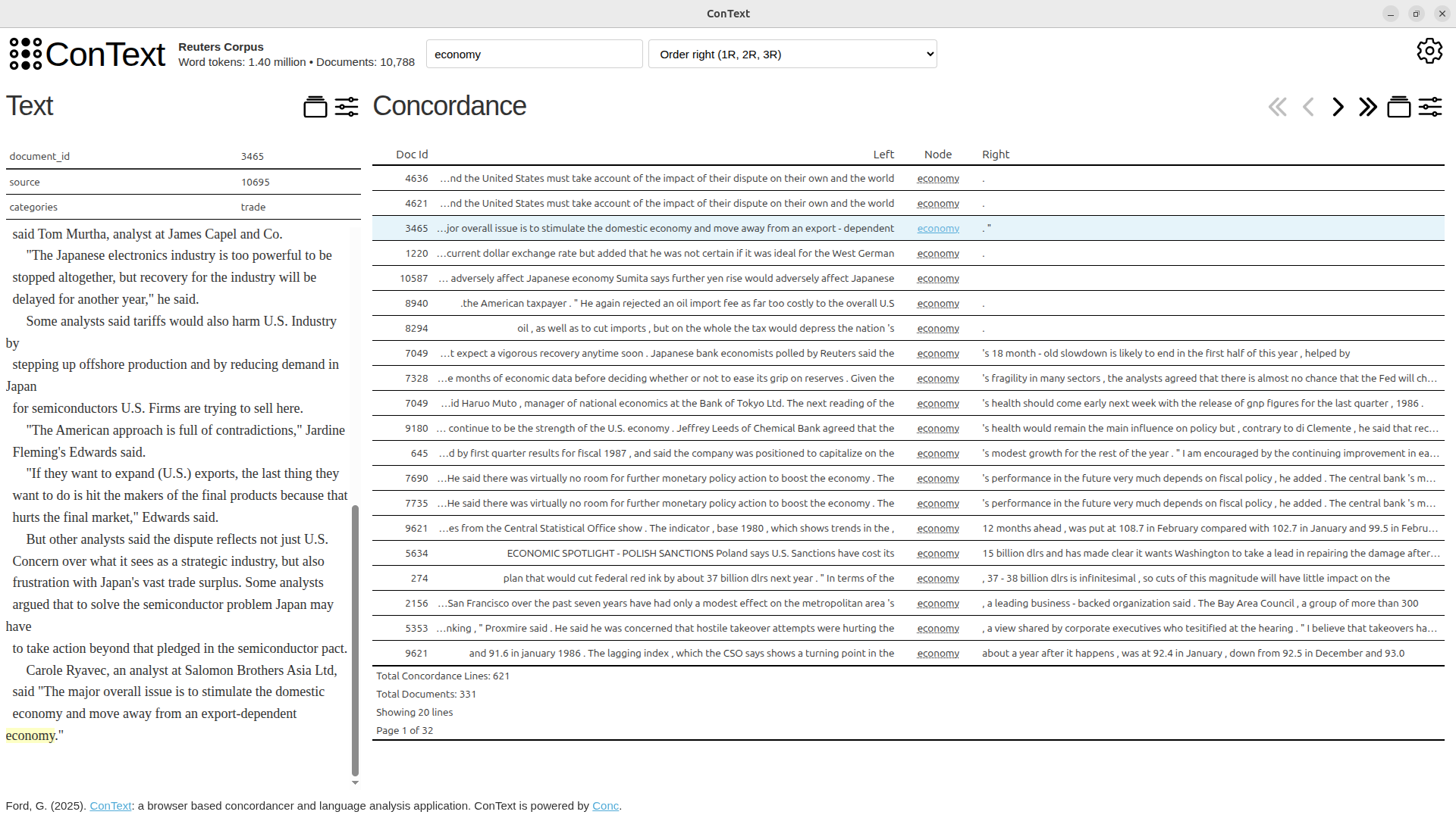 Navigate from concordances and concordance plots to the position within the text
