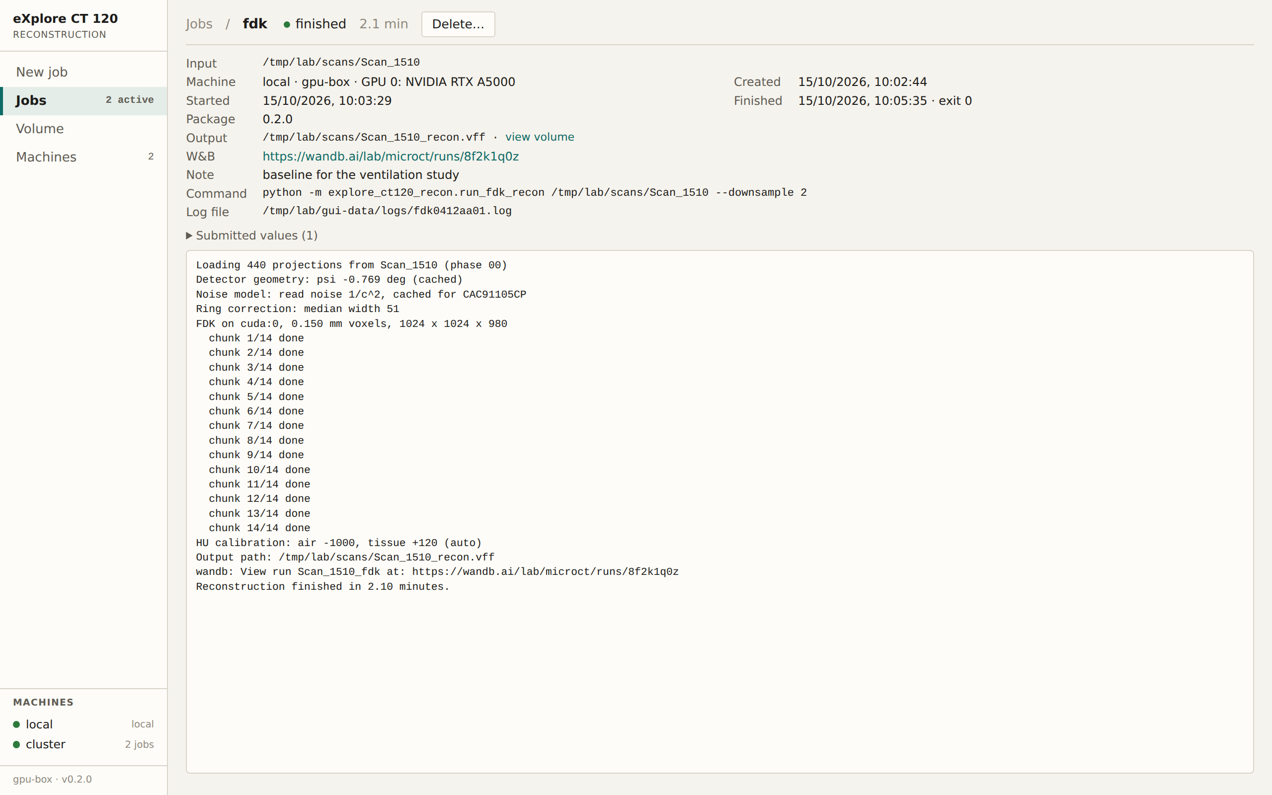 A job: the record and the live log