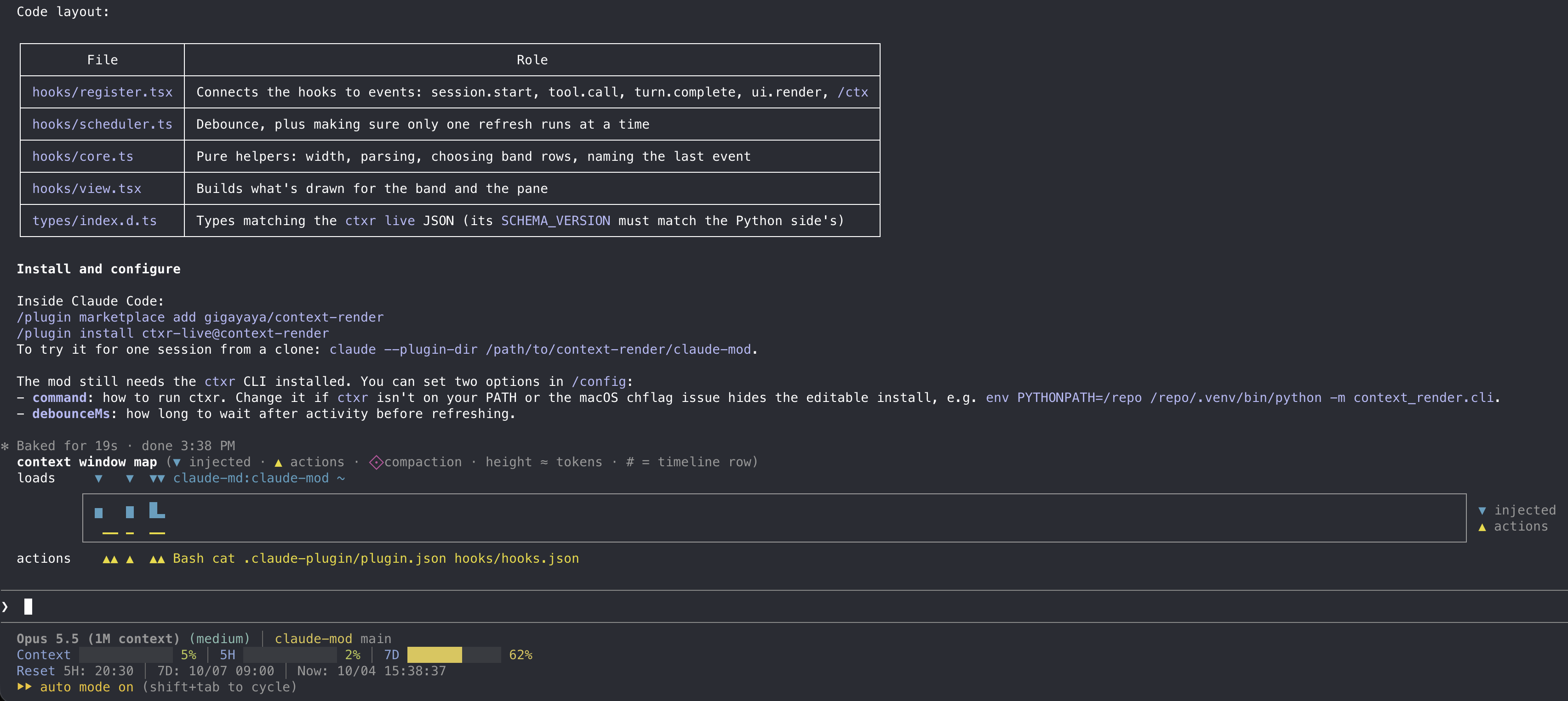 ctxr-live: the context-window map band drawn above the Claude Code prompt