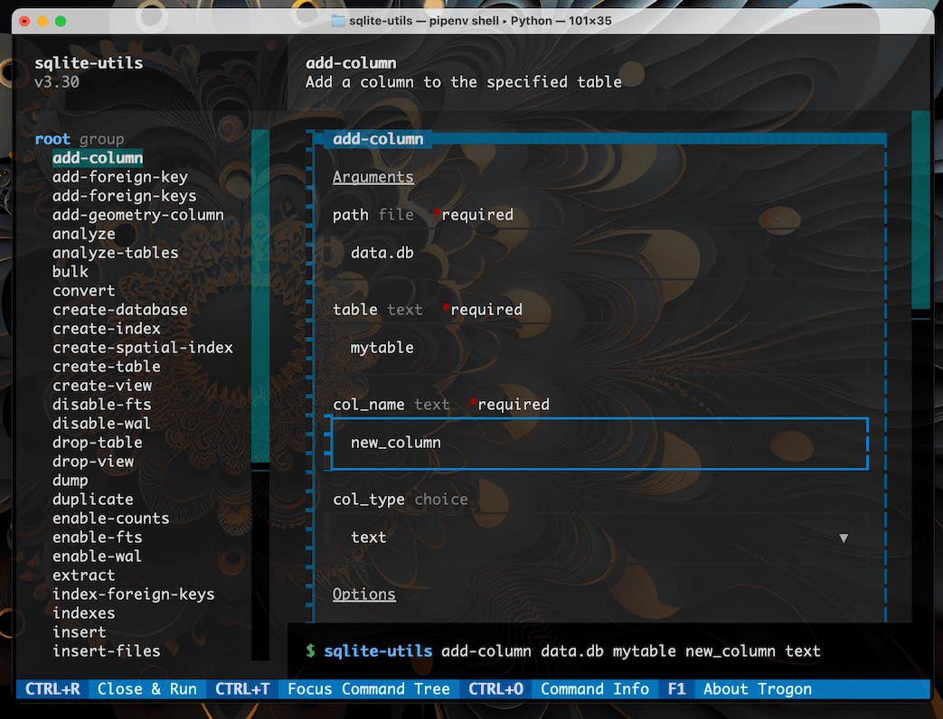 Screenshot of the TUI showing sqlite-utils options in an interactive terminal interface