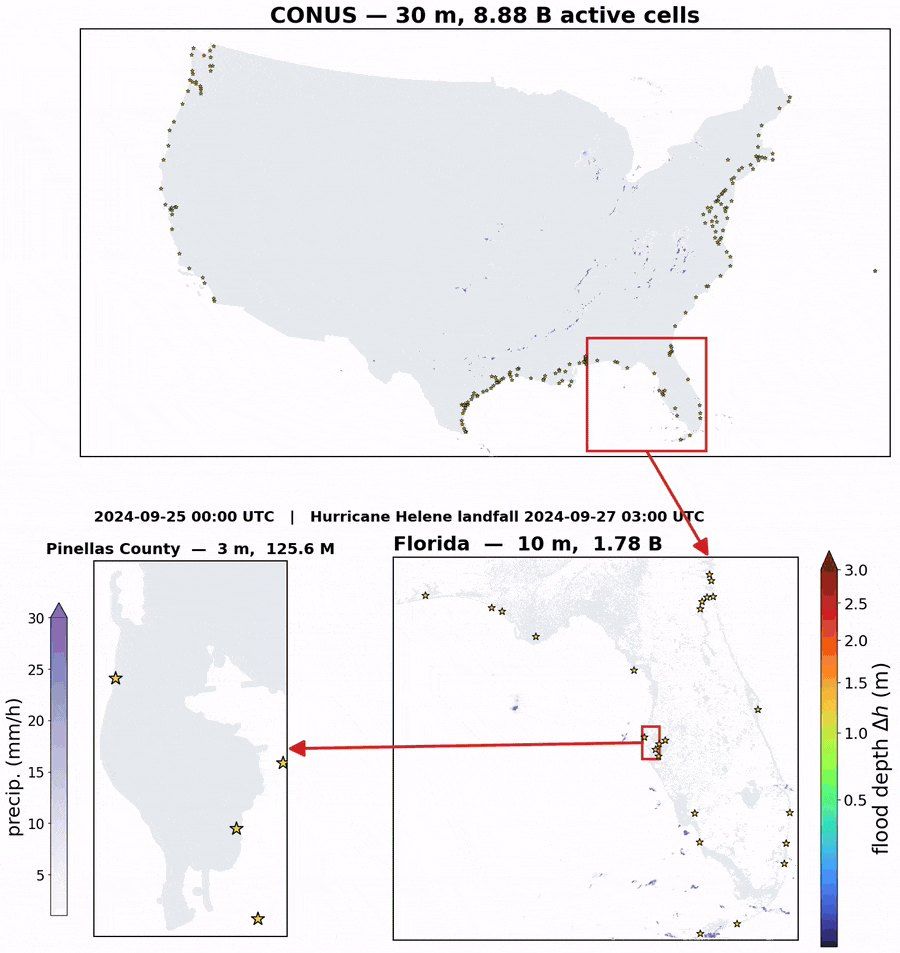 Animation of Hurricane Helene rainfall and flood depth on three nested GeoSWE domains: CONUS at 30 m, Florida at 10 m, Pinellas County at 3 m
