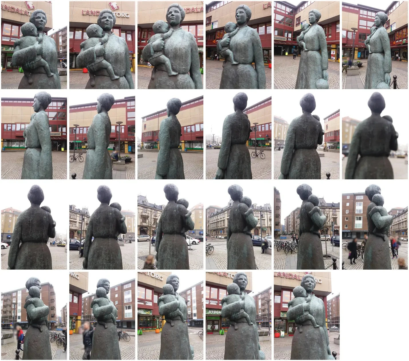 Twenty-three photos of a bronze statue of a woman carrying a child, taken from all sides while walking around it