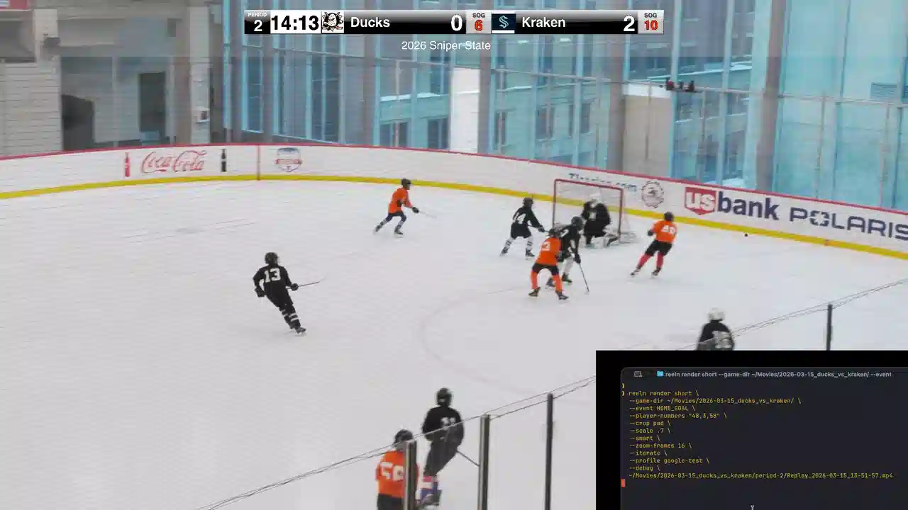 reeln in action — youth hockey livestream with scoreboard overlay