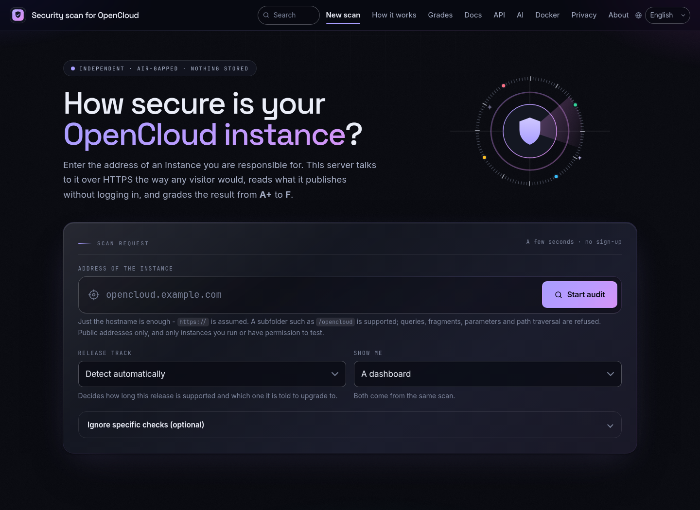 The hosted scanner's landing page
