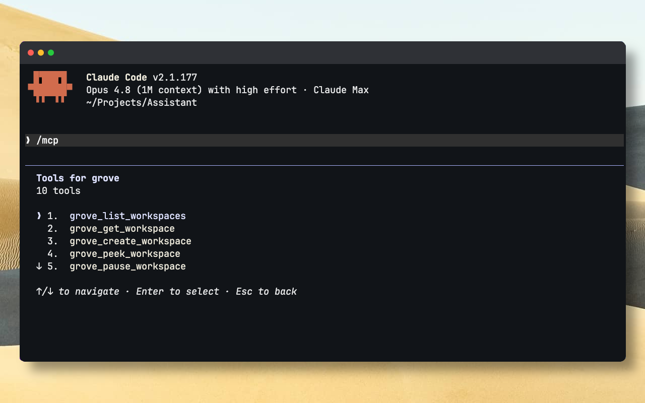 Claude Code listing Grove's MCP tools: create, list, peek, pause, and steer workspaces