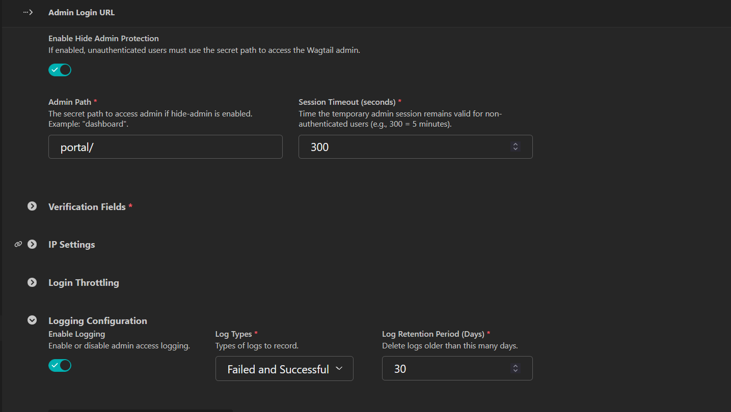 Wagtail Admin URL Settings Screenshot