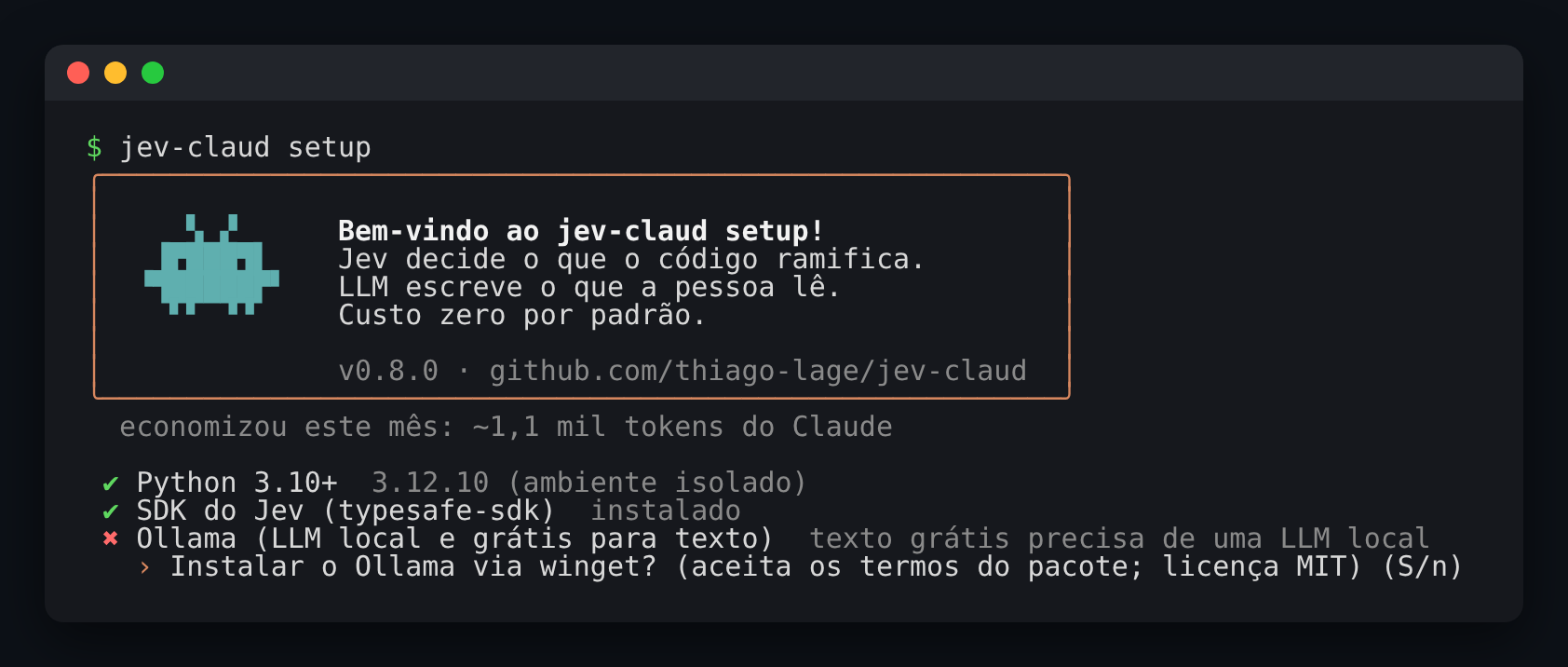 jev-claud setup: o mascote, a economia do mês e a verificação de cada peça, perguntando antes de instalar
