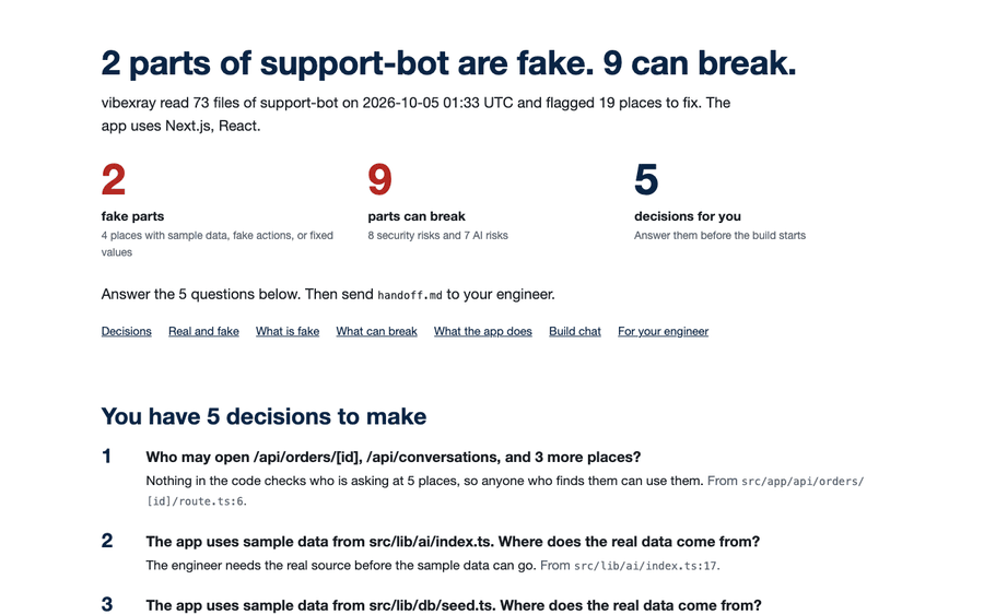 A walk through report.html, from the headline and the PM's decisions to the risks and app screenshots.