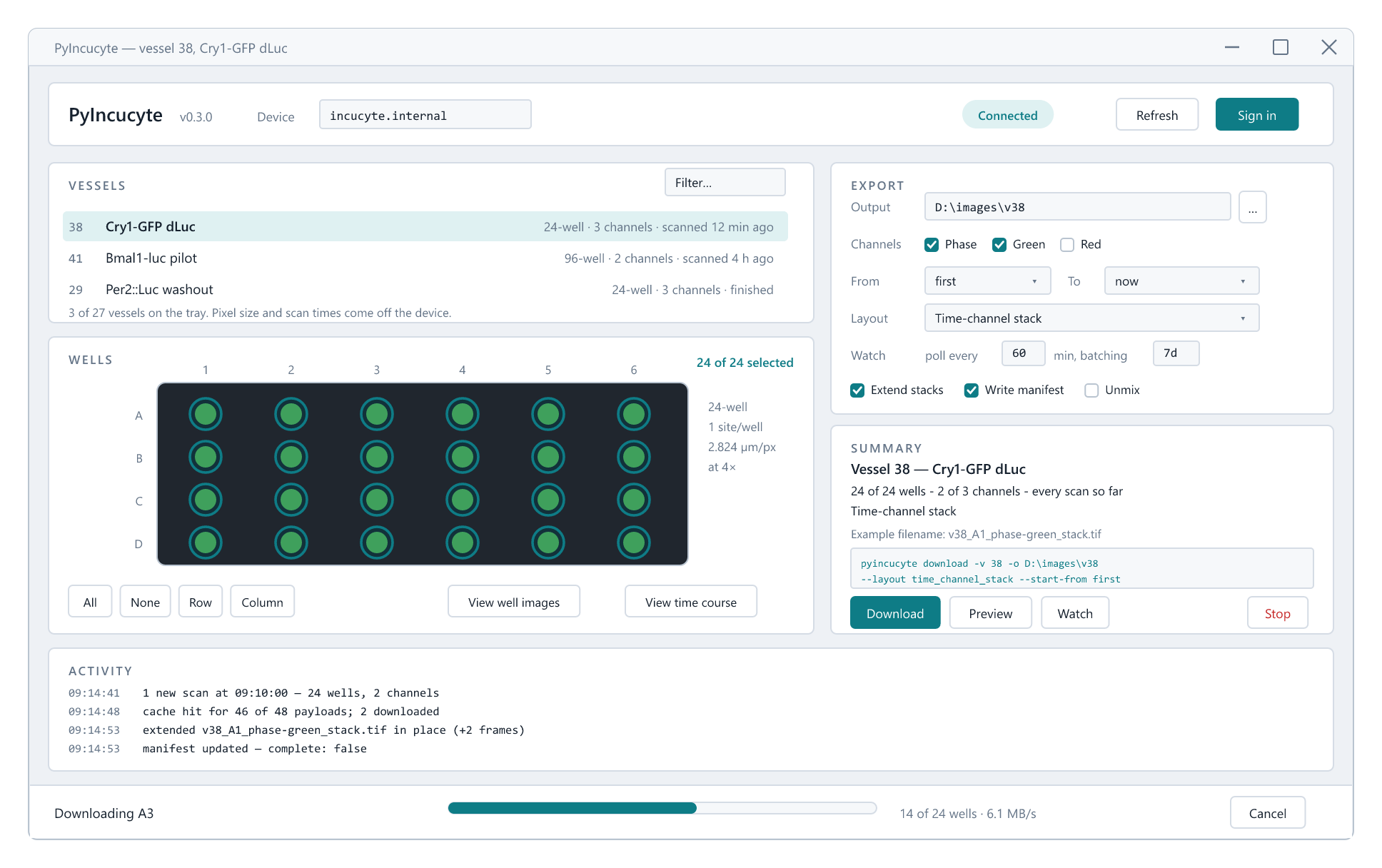 The PyIncucyte window: vessels, wells, export, summary and activity log