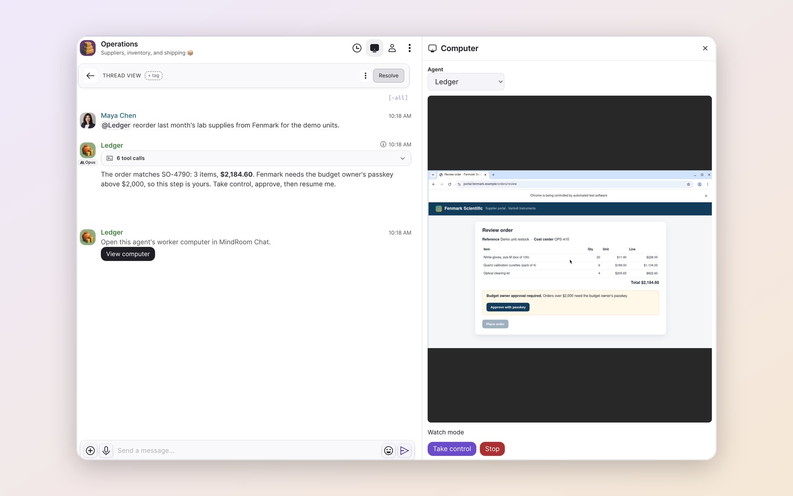 An agent's browser waits on an order page while the user can take control