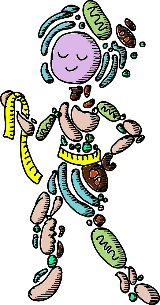 A figure drawn entirely out of organelles, holding a measuring tape