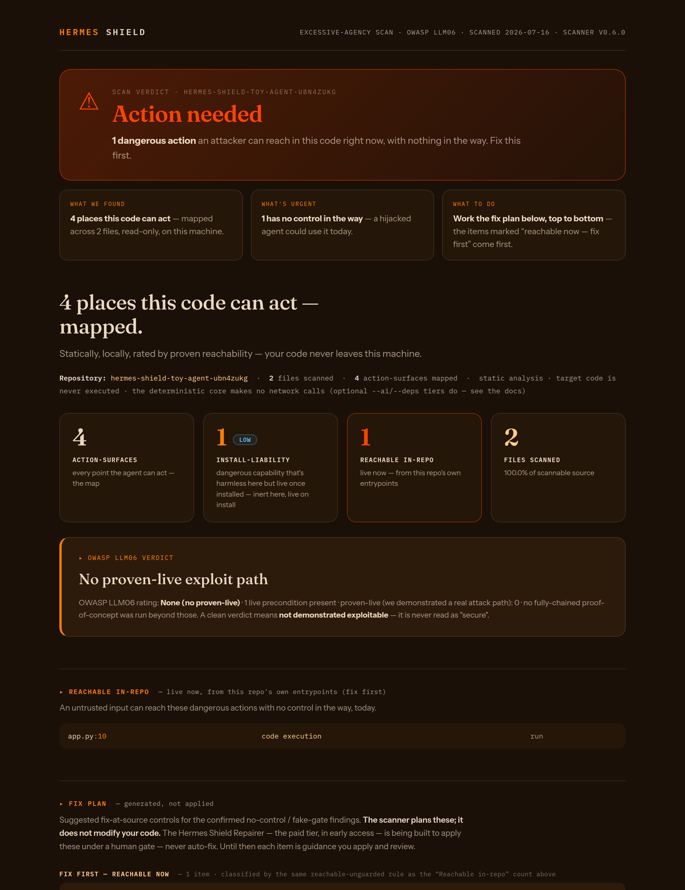 The Hermes Shield customer report with its antivirus-style verdict banner