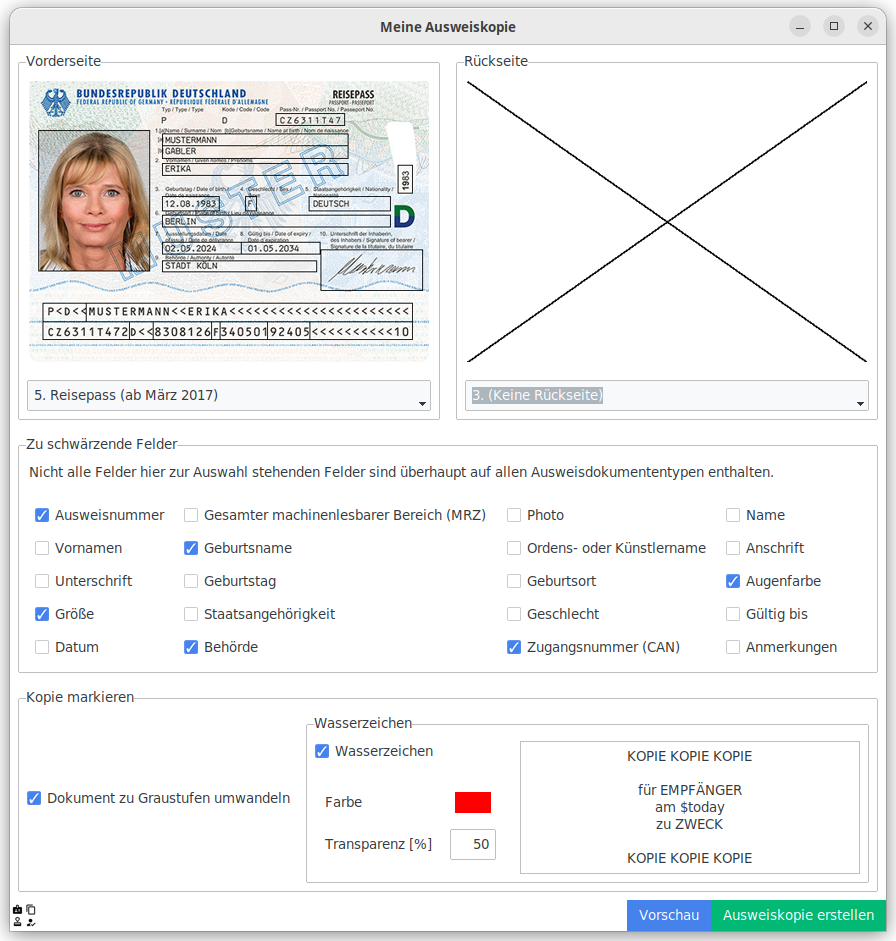 Screenshot eines Computerprogramms. Es ist eine Reisepasskarte abgebildet, und darunter alle möglichen Felder.