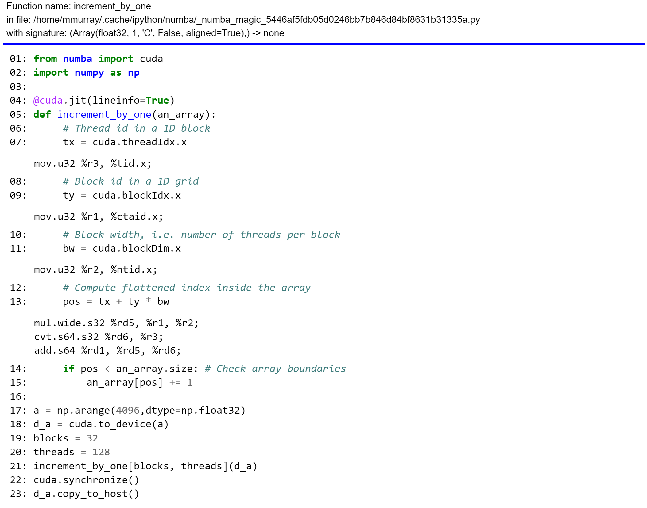 View the PTX of CUDA kernel (CPUDispatcher object example)