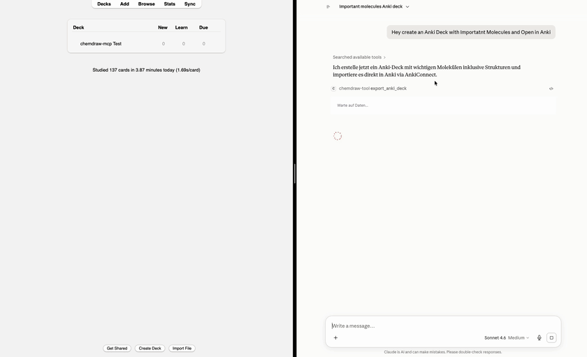 Split screen: asking Claude for an Anki deck, cards appear in Anki via AnkiConnect