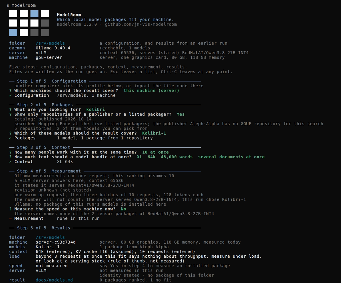 A run with the word kolibri: 5 repositories, Kolibri-1 chosen for 10 at once and XL 64k, and step 5 with 0 packages ranked, 1 no fit