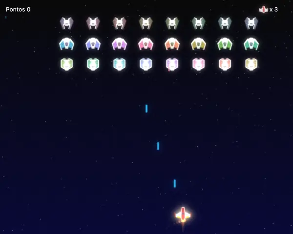 Naves: a space shooter from the tutorial. A red ship fires at a breathing fleet, enemies explode, and a plasma shield catches the enemy fire.