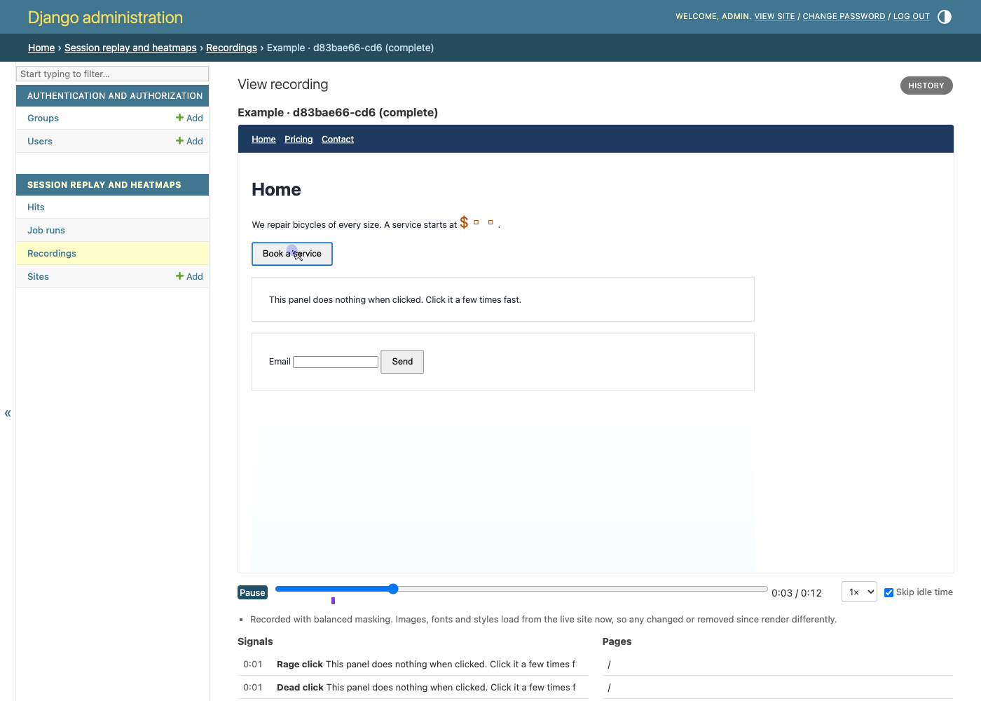 A replay in the Django admin, with signals on the timeline