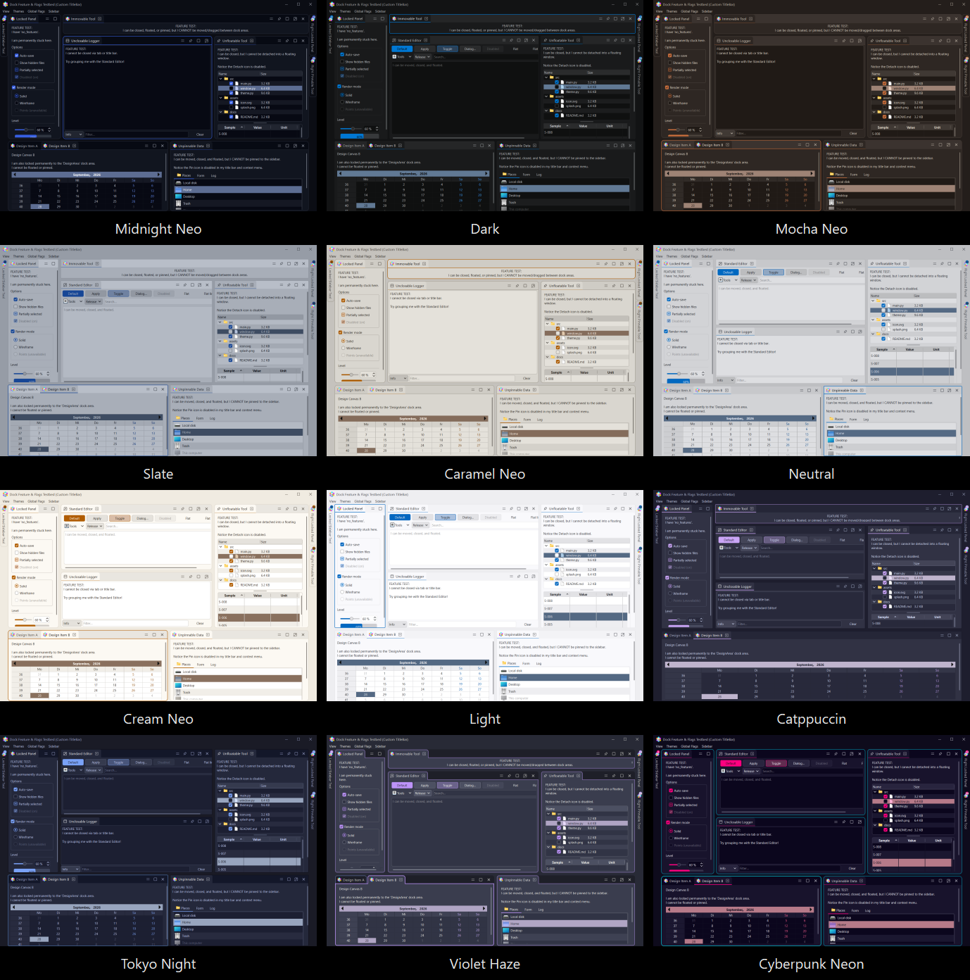 Lace frameless main window across 12 themes