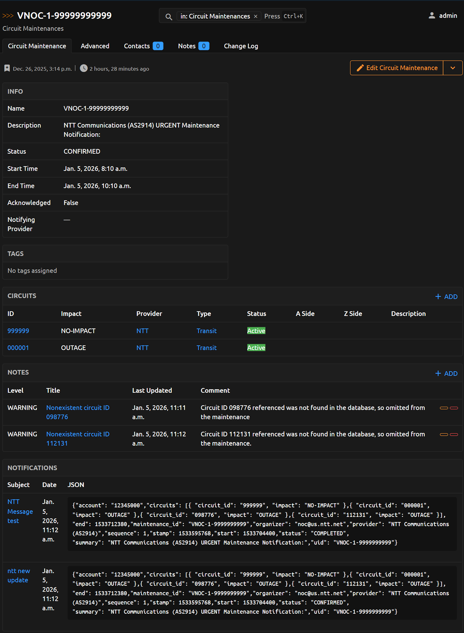 Example Circuit Maintenance View