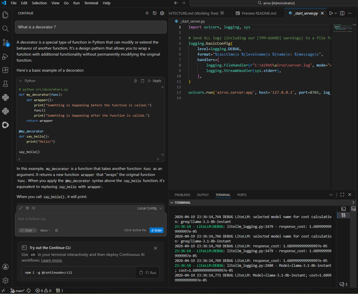 Continue.dev with Airvo