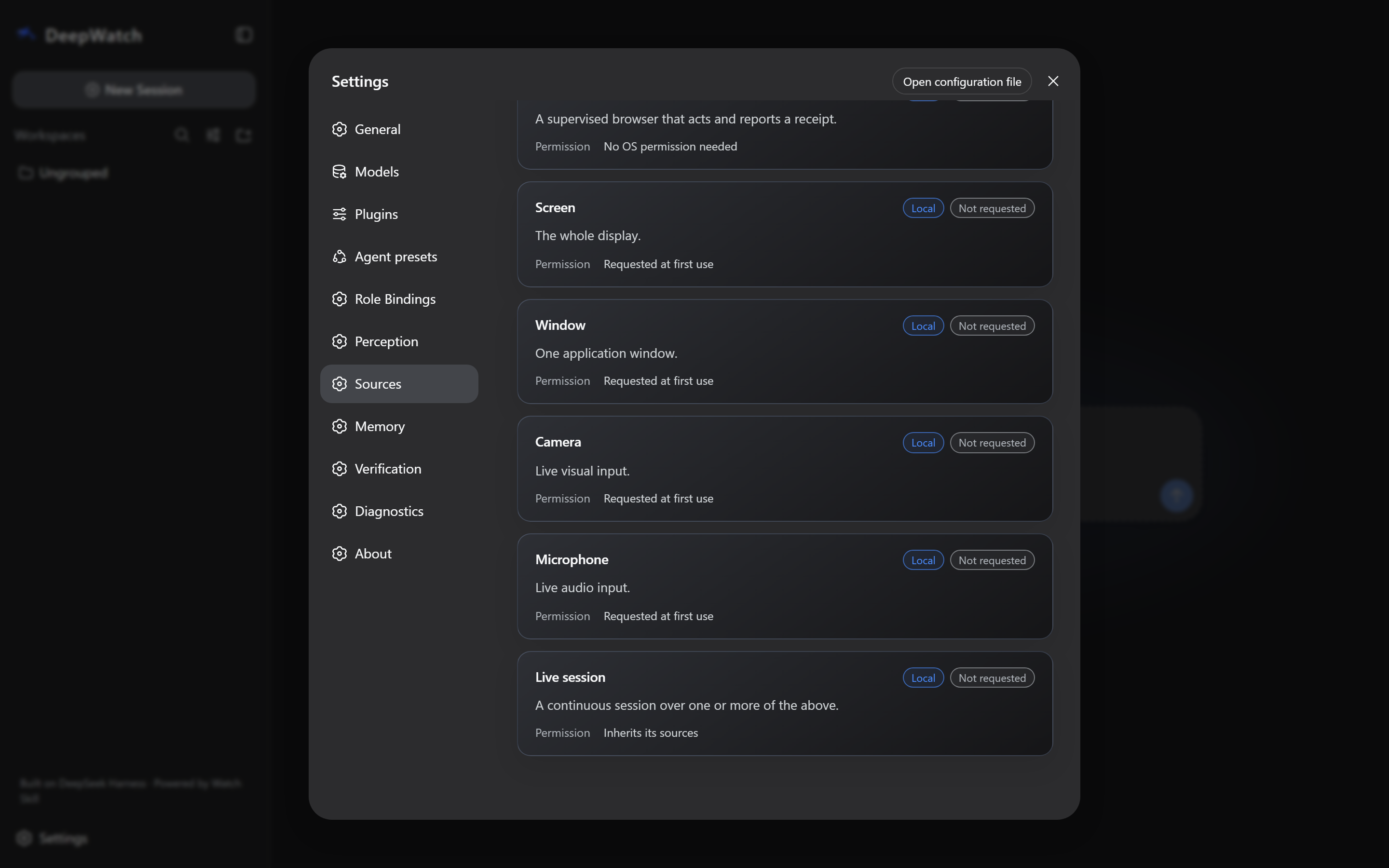 DeepWatch Settings on Sources, listing Screen, Window, Camera, Microphone and Live session. Each is tagged Local and Not requested, with the permission shown as 'Requested at first use'; the live session inherits its sources, and the supervised browser needs no OS permission.