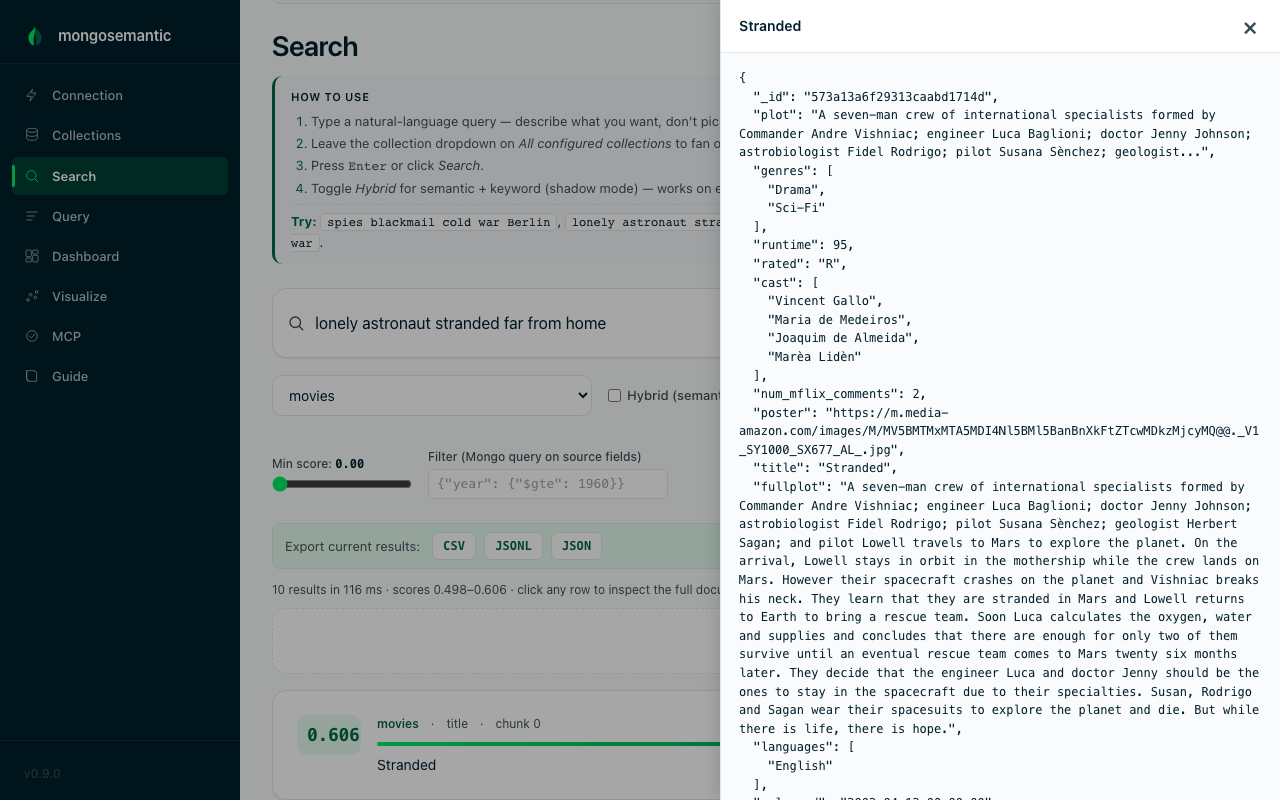 Click any search result to slide in the full source document