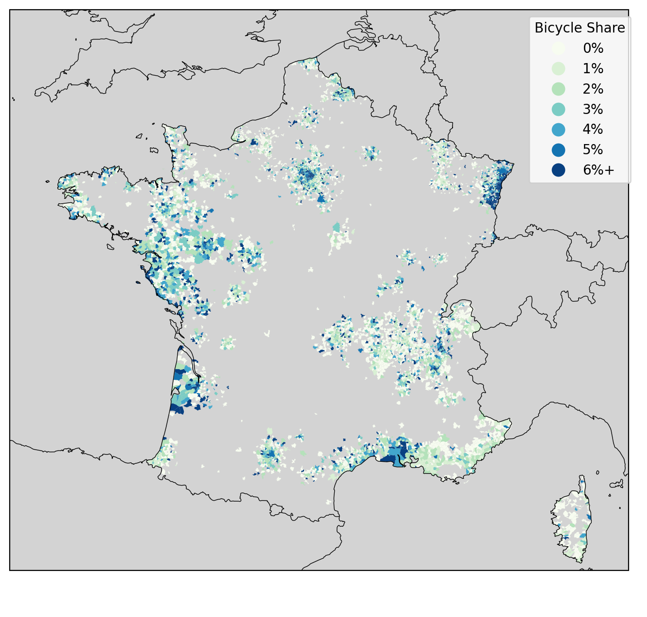 Map of bicycle share by INSEE municipality