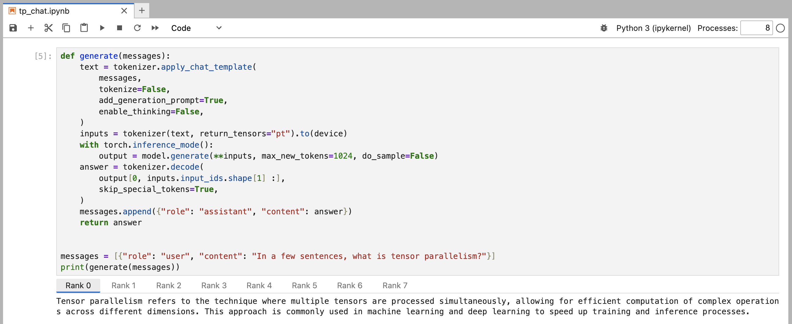 Tensor-parallel generation across eight notebook processes