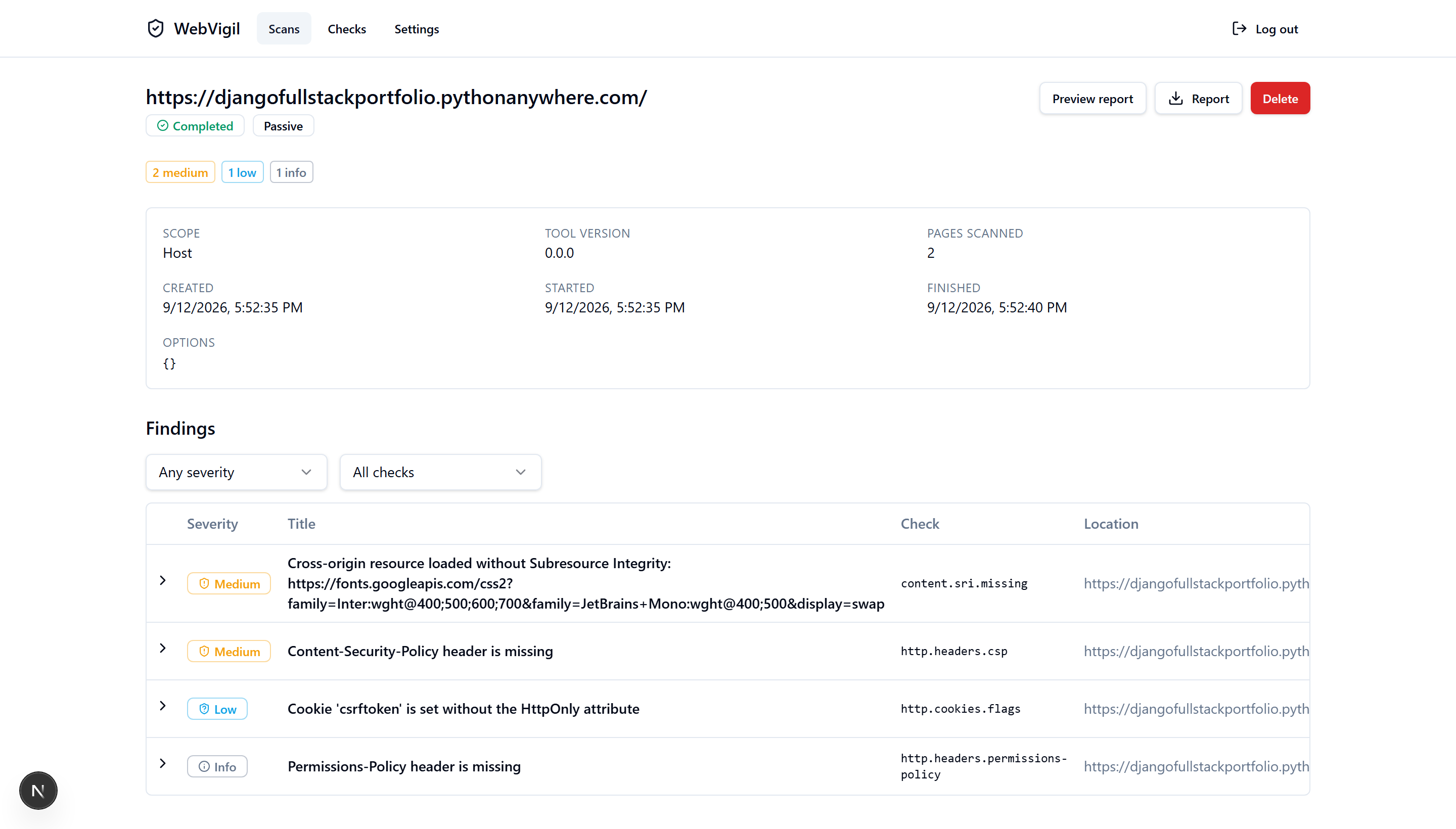 WebVigil dashboard (optional web UI) — scan detail page showing findings grouped by severity