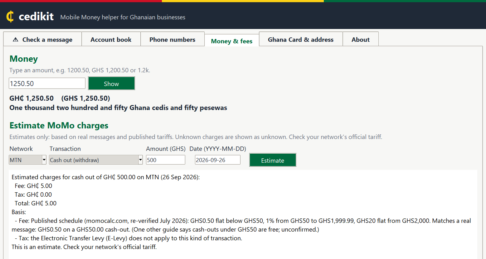 An amount in words and an MTN cash-out fee estimate
