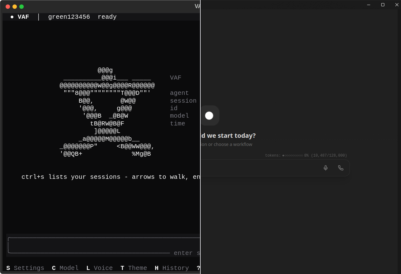 The same agent in two places: the full-screen terminal app and the web UI, split down the middle