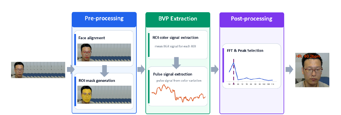 AdaChrom pipeline: preprocessing, BVP extraction, and heart-rate post-processing