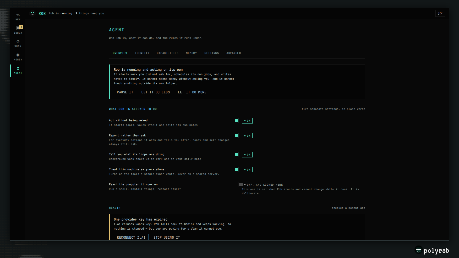 POLYROB Agent view showing autonomy controls, capabilities, and health