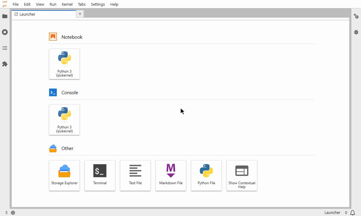 Storage Explorer in JupyterLab: a Delta Lake table queried, files filtered, and a Markdown file edited in JupyterLab's editor and previewed