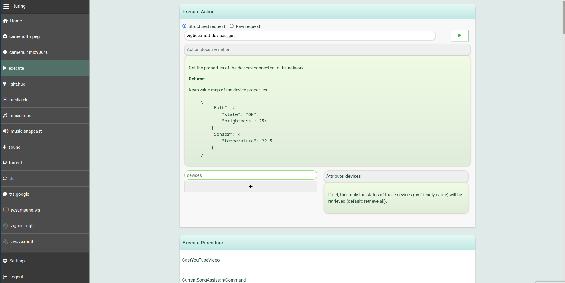 Screenshot of the execution panel, showing an action's automatically generated documentation and its parsed attributes